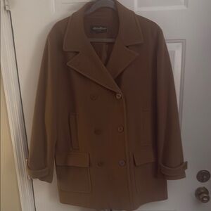 Eddie Bauer Tan Double-Breasted Pea coat comfortable. wool blend fully lined.